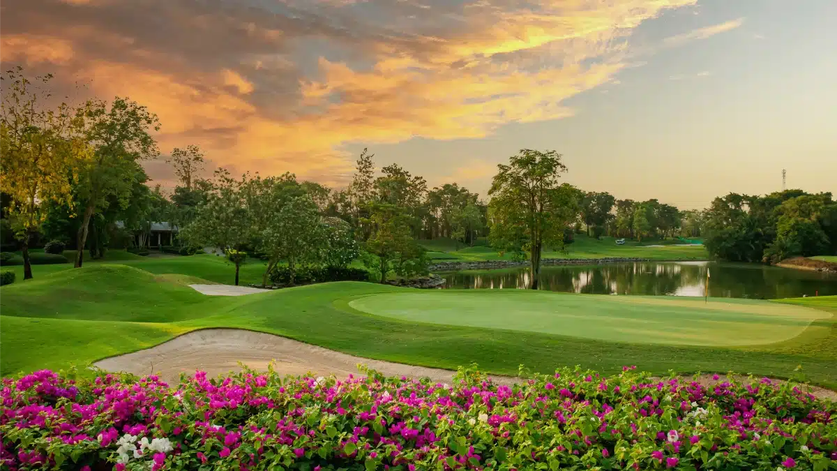 A well-manicured golf course with a sand trap, green, flowering bushes, trees, and a pond under a colorful sunset sky.
